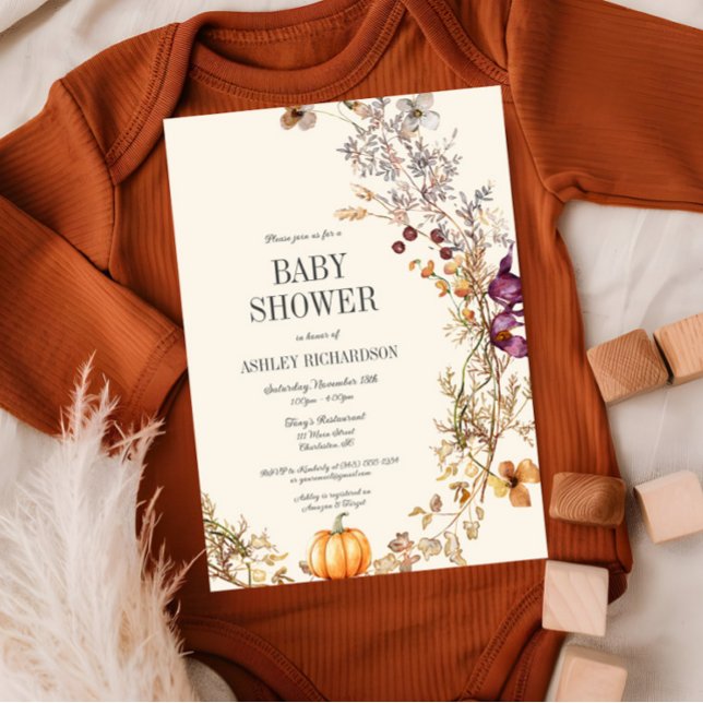 Invitation Citrouille Floral Automne Boho Baby shower Invitat (Fall Wildflower Baby Shower Invitation, Pumpkin Invite, Mustard Yellow, Ivory, Autumn)