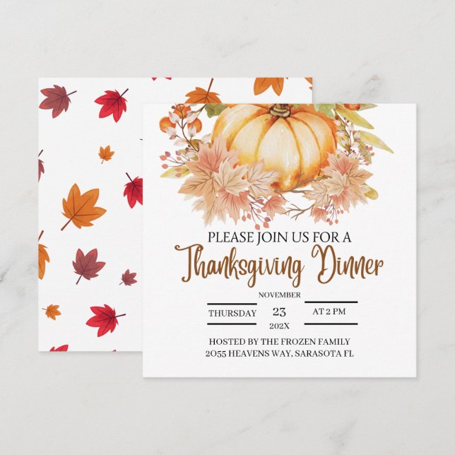 Invitation Citrouille Floral Automne part Thanksgiving Dîner (Devant / Derrière)