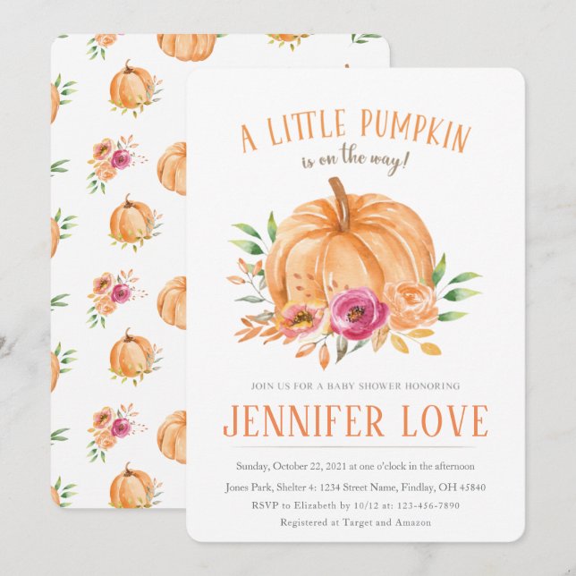 Invitation Citrouille Floral Baby shower d'automne (Devant / Derrière)