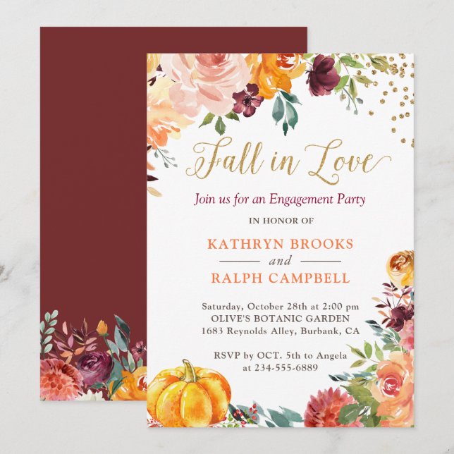 Invitation Citrouille Floral Gold Engagement Party (Devant / Derrière)