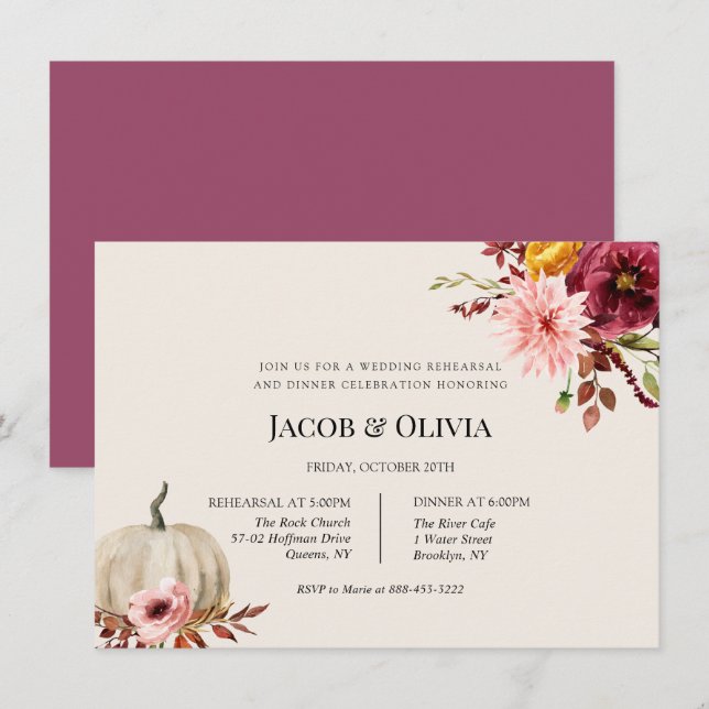 Invitation Citrouille Floral Mariage Dîner de répétition invi (Devant / Derrière)