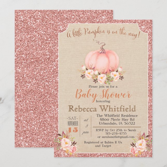 Invitation Citrouille Floral Parties scintillant Baby shower (Devant / Derrière)