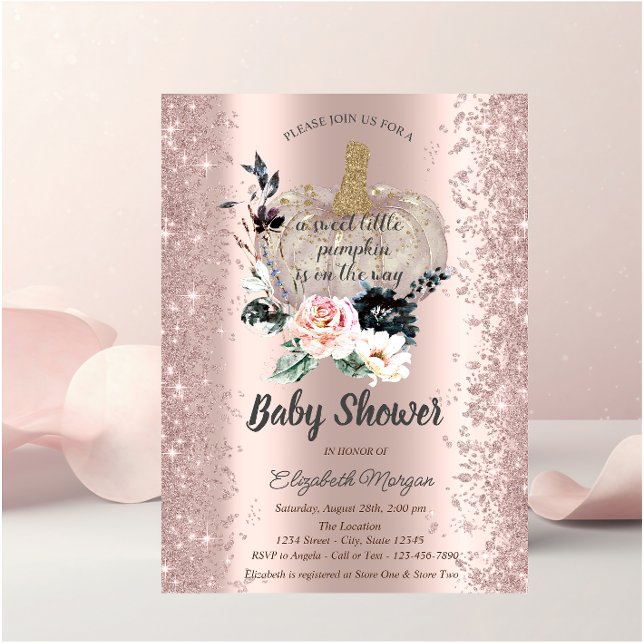 Invitation Citrouille, Floral, Rose Baby shower étincelant or (Créateur téléchargé)