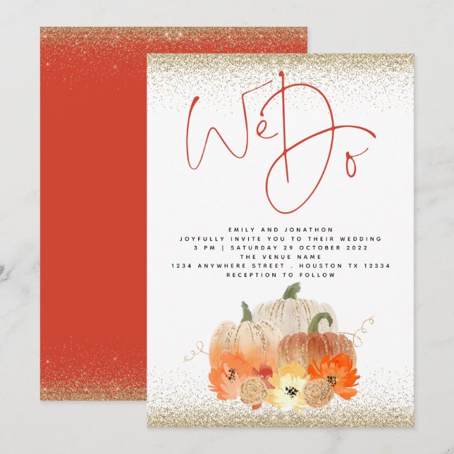 Invitation Citrouille Florals Gold Parties scintillant Nous f (Devant / Derrière)