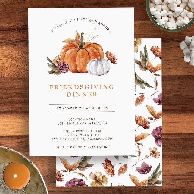 Invitation Citrouille Friendsgiving (Watercolor autumn floral pumpkin Friendsgiving dinner party invitation by Painted Paperie
)