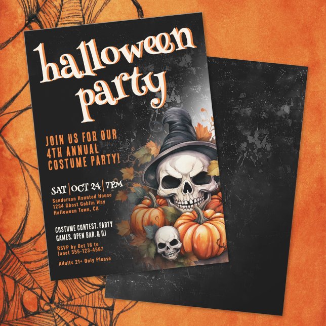 Invitation Citrouille Halloween crâne (Pumpkin Skull Halloween Party Invitation)