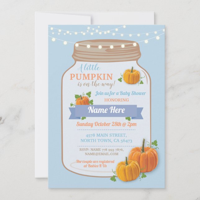 Invitation Citrouille Jar Fall Blue Boy Baby shower Invitatio (Devant)
