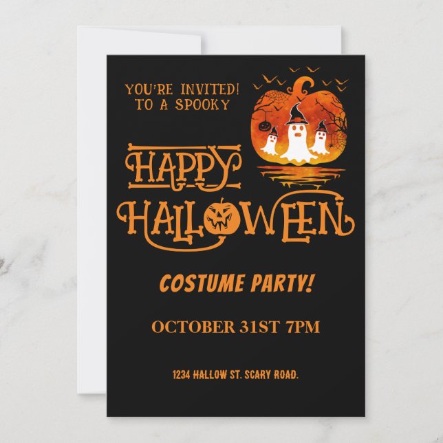 Invitation Citrouille Joyeux Halloween Costume Party Black Or (Devant)
