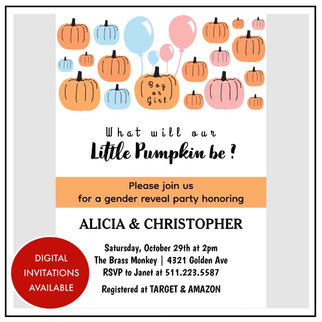 Invitation Citrouille Lui ou Elle Halloween Révélation de gen (Pumpkin-He-or-She-Halloween-Gender-Reveal-Invitation-1)