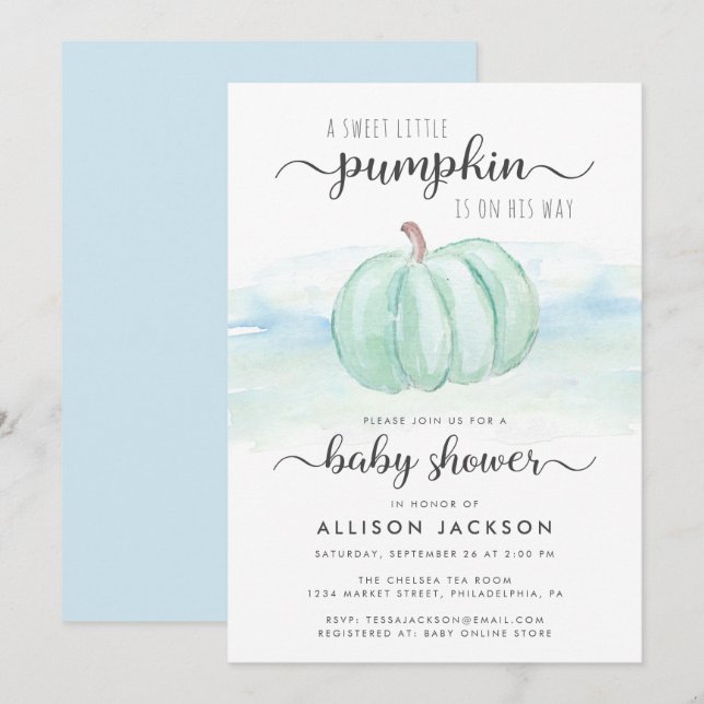 Invitation Citrouille Mint bleu Aquarelle bébé garçon douche (Devant / Derrière)