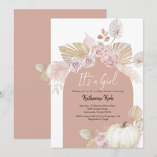 Invitation Citrouille moderne Boho Arch C'est un Baby shower  (Devant / Derrière)