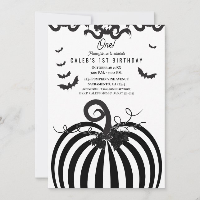 Invitation Citrouille noir et blanc Halloween 1er anniversair (Devant)