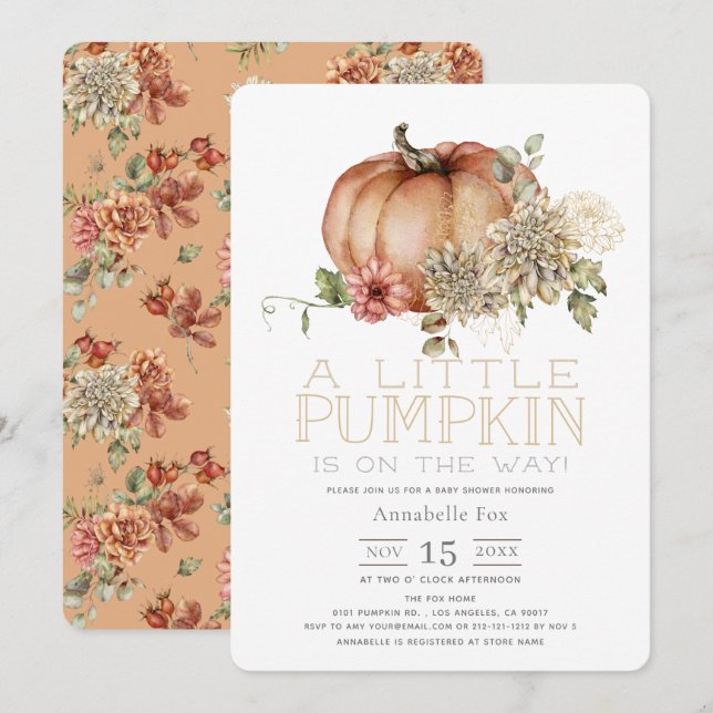 Invitation Citrouille orange et Baby shower Dahlia blanc (Devant / Derrière)
