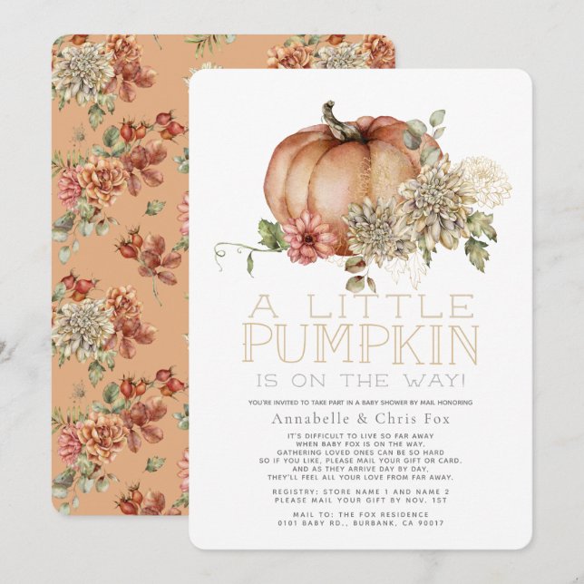Invitation Citrouille orange et Baby shower Dahlia blanc par  (Devant / Derrière)