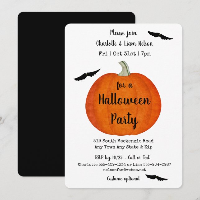 Invitation Citrouille orange et noir et fête d'Halloween Bats (Devant / Derrière)