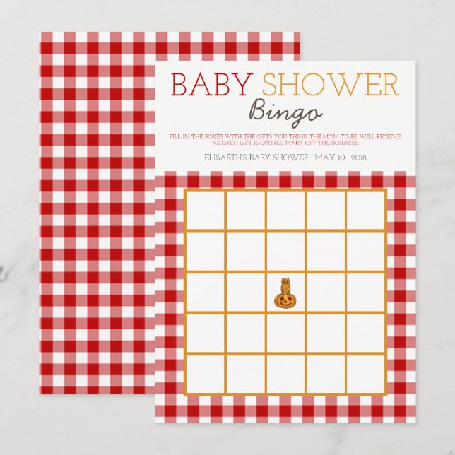 Invitation Citrouille Owl & En vichy Baby shower Bingo (Devant / Derrière)