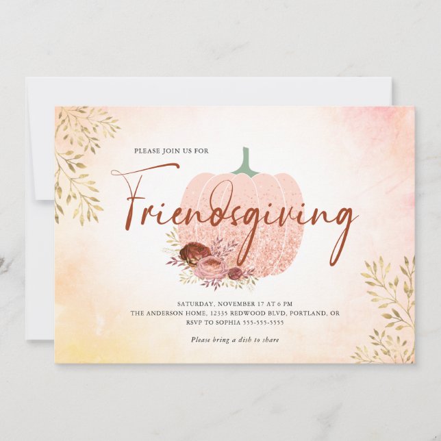 Invitation Citrouille Parties scintillant or Rose Friendsgivi (Devant)