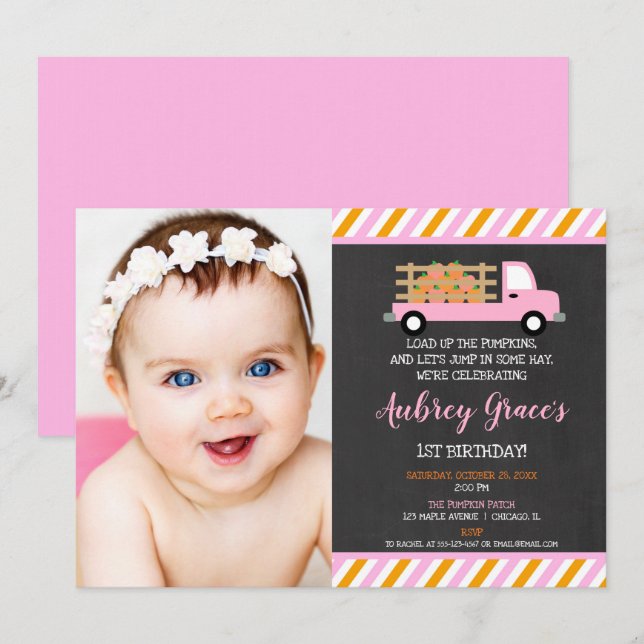 Invitation Citrouille patch 1er premier anniversaire photo de (Devant / Derrière)