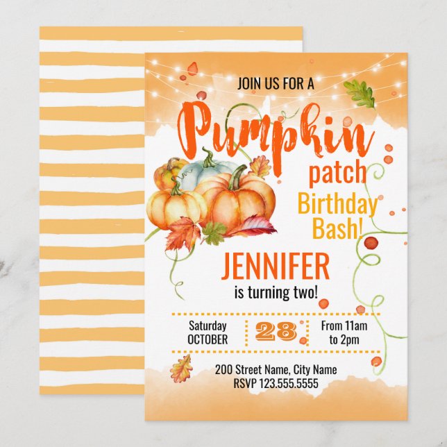 Invitation Citrouille Patch Anniversaire Bash (Devant / Derrière)