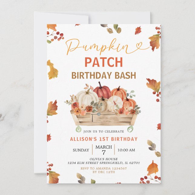 Invitation Citrouille Patch Automne Rustique Feuille Premier  (Devant)