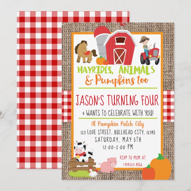 Invitation Citrouille Patch Farmer Boys Red En vichy Annivers (Devant / Derrière)