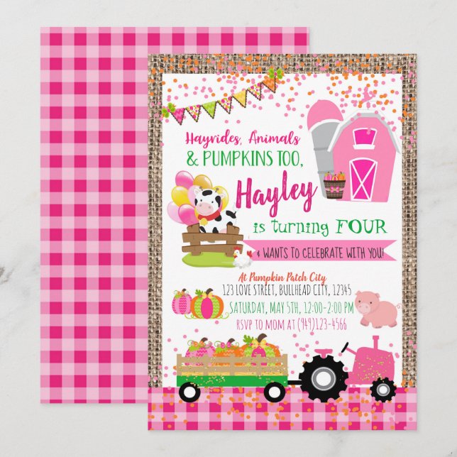 Invitation Citrouille Patch Farmer Girls Pink Anniversaire (Devant / Derrière)