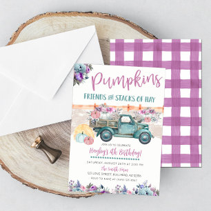 Invitation Citrouille Patch Purple & Camion Vintage Turquoise