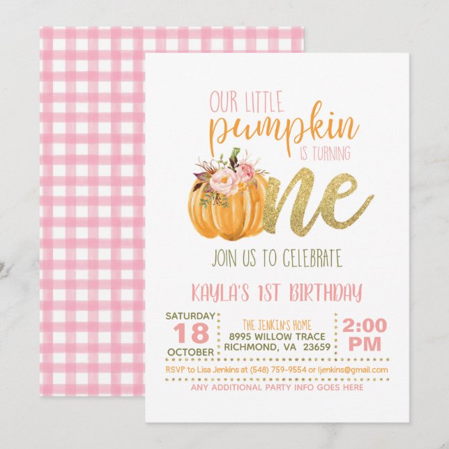 Invitation citrouille pour le premier anniversaire (Devant / Derrière)