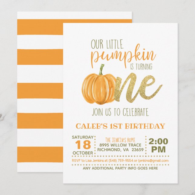 Invitation citrouille pour le premier anniversaire (Devant / Derrière)