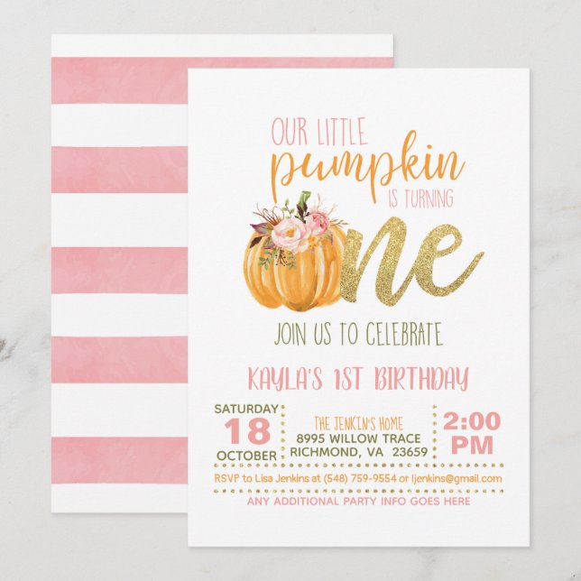 Invitation citrouille pour le premier anniversaire (Devant / Derrière)