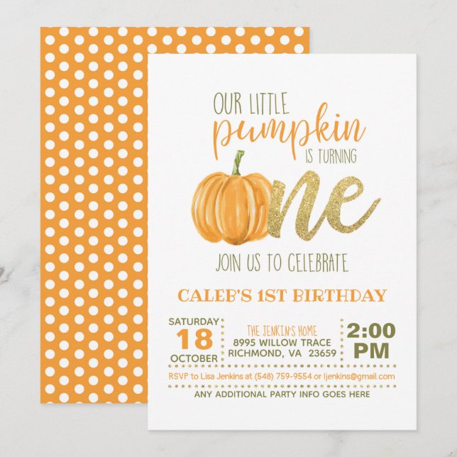 Invitation citrouille pour le premier anniversaire (Devant / Derrière)