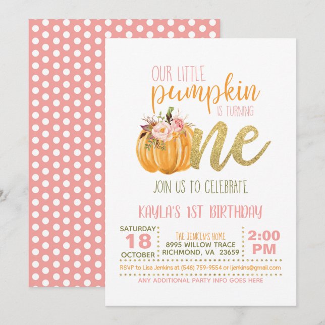 Invitation citrouille pour le premier anniversaire (Devant / Derrière)