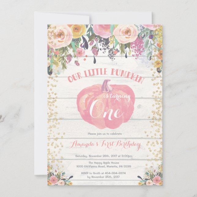 Invitation Citrouille Premier anniversaire Floral  (Devant)