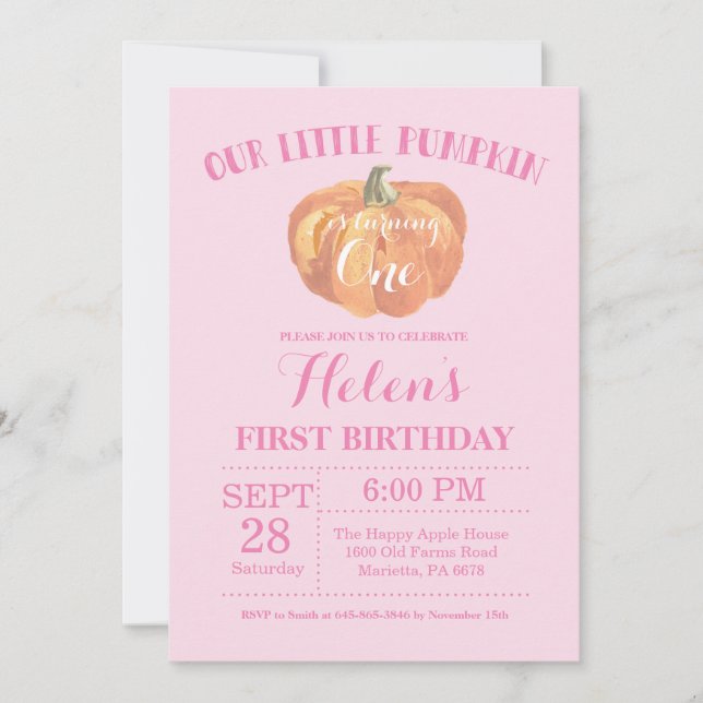 Invitation citrouille premier anniversaire rose (Devant)