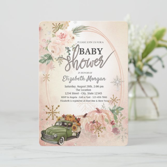 Invitation Citrouille Retro Camion, Roses, Baby shower de flo (Debout devant)