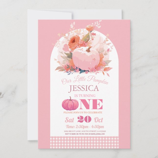 Invitation Citrouille rose 1er Anniversaire Filles automne au (Devant)