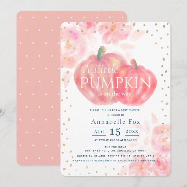 Invitation Citrouille rose Aquarelle Chute Fille Baby shower (Devant / Derrière)
