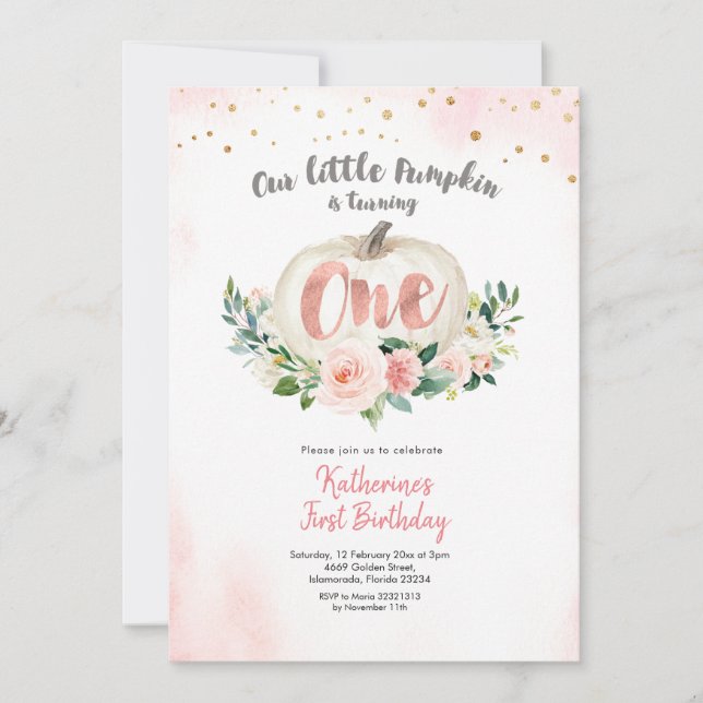 Invitation Citrouille rose blanc premier anniversaire Invitat (Devant)