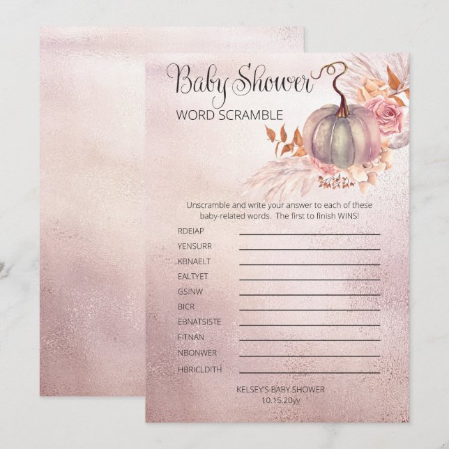 Invitation Citrouille rose Boho Pampas Baby shower Mot (Devant / Derrière)