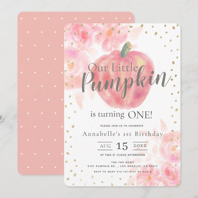 Invitation Citrouille rose et aquarelle florale fille 1er ann (Devant / Derrière)