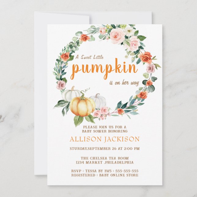 Invitation Citrouille rose fille Baby shower Floral Aquarelle (Devant)