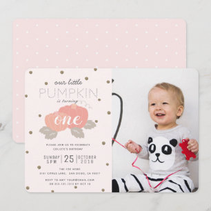 Invitation Citrouille rose fille photo premier anniversaire I