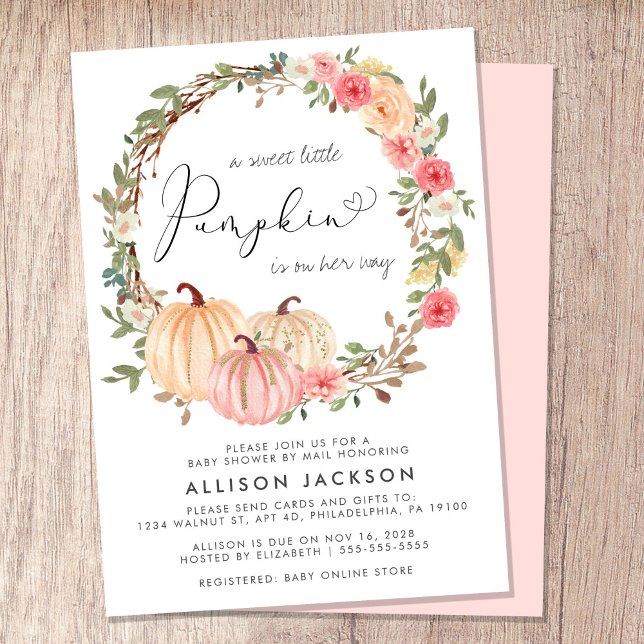 Invitation Citrouille Rose Floral Girl Baby shower par la pos (Celebrate the upcoming arrival of your sweet little autumn baby with a pumpkin baby shower by mail)