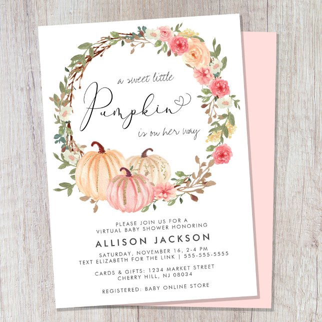 Invitation Citrouille rose Floral Girl Baby shower virtuel (Celebrate the upcoming arrival of your sweet autumn baby with a pumpkin-themed virtual baby shower)