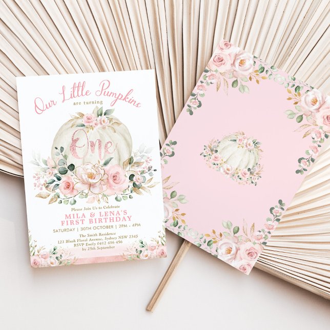 Invitation Citrouille rose floral jumeau soeur conjointe 1er  (Créateur téléchargé)
