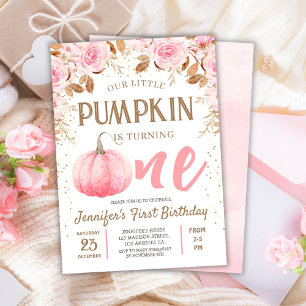 Invitation Citrouille Rose & Gold Girl Floral Automne 1er Ann