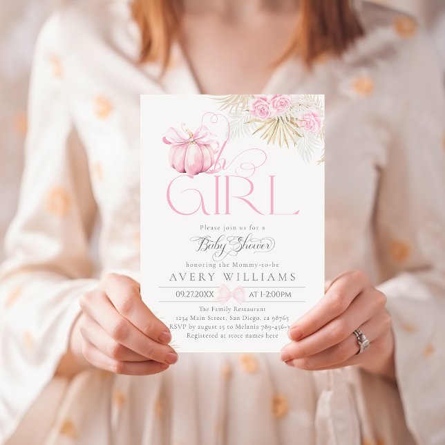 Invitation Citrouille rose Oh Girl Floral Bow Baby shower (Créateur téléchargé)