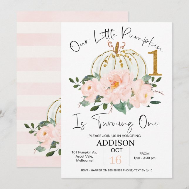 Invitation Citrouille rose or floral 1er anniversaire Invitat (Devant / Derrière)