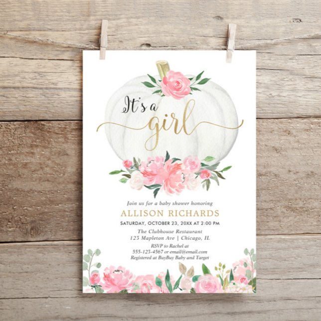 Invitation Citrouille rose or floral C'est un baby shower fil (Créateur téléchargé)