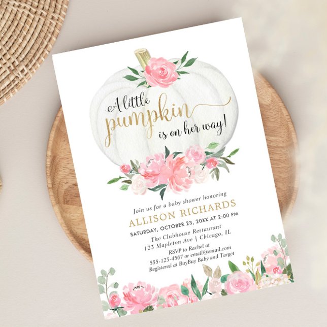 Invitation Citrouille rose or floral  fille baby shower (Créateur téléchargé)